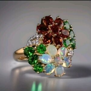 Opal, Cherry Citrine, Chrome Diopside Flower ring in Vermeil YG on sterl silver